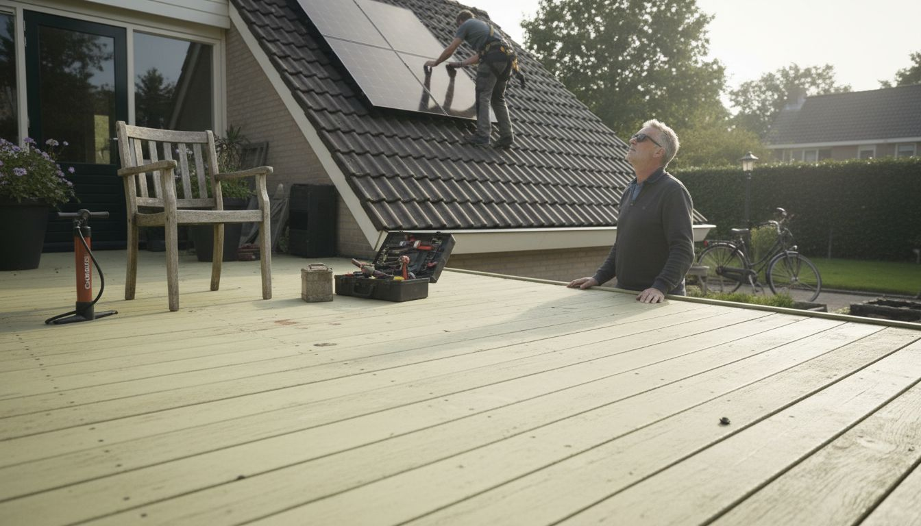 Een man kijkt toe terwijl er zonnepanelen op het dak worden geplaatst.