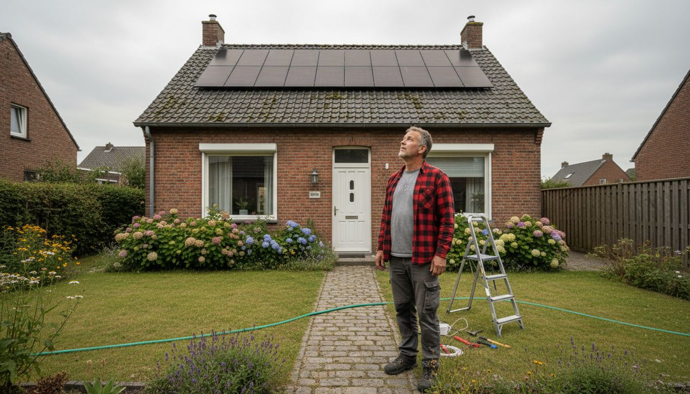 Man bekijkt zonnepanelen op het dak van zijn huis terwijl het bewolkt is.