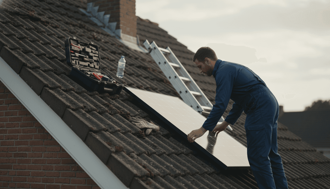 Een vakman monteert zonnepanelen op een dak in Vlaanderen.