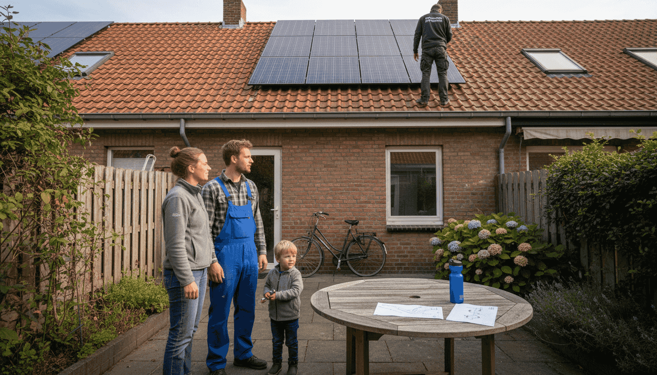 Een gezin kijkt toe terwijl een monteur zonnepanelen op hun huis installeert.
