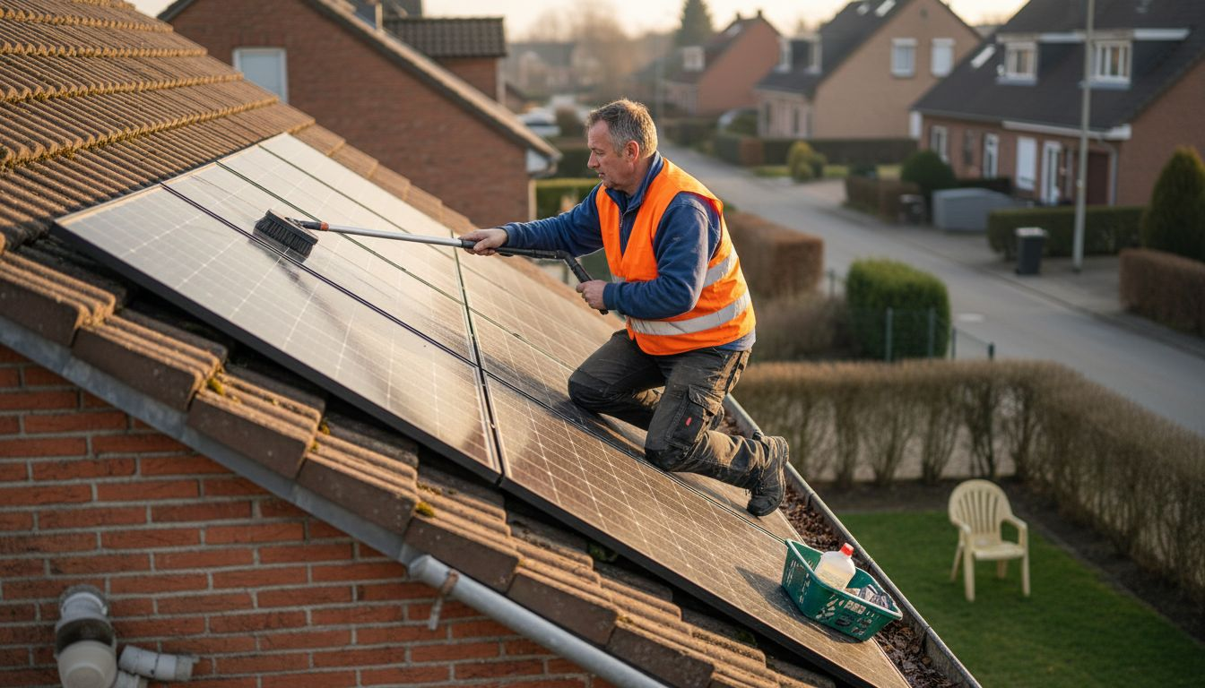 Een man maakt de zonnepanelen schoon op het dak van een huis in België.