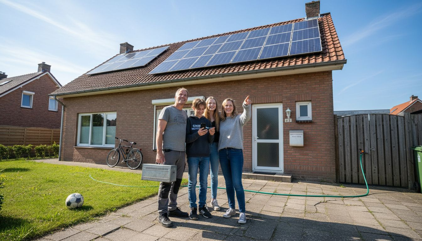 Een gezin bewondert hun energiezuinige woning met zonnepanelen in Vlaanderen.