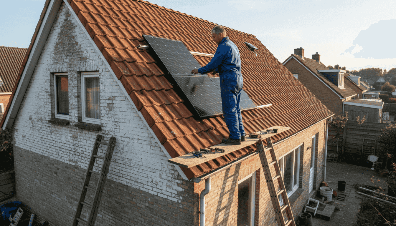 Man plaatst zonnecollector op het dak van een rijtjeshuis