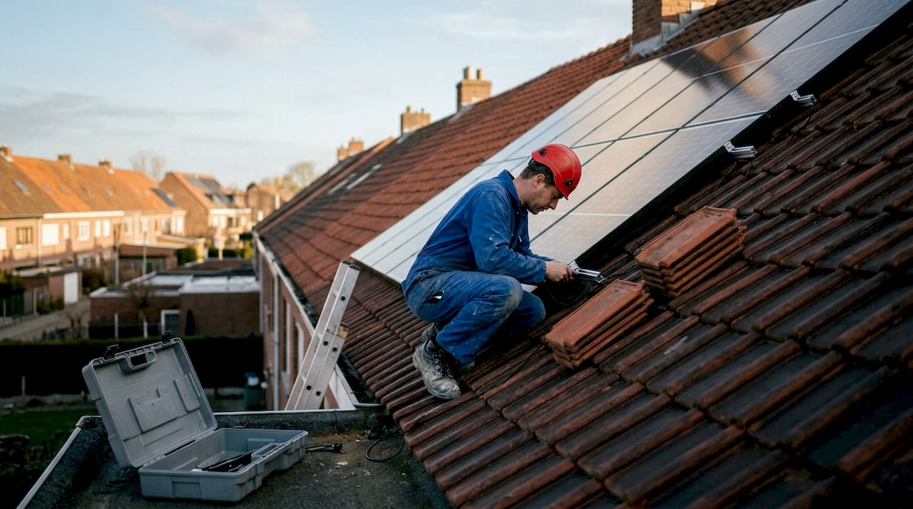 Een vakman monteert zonnepanelen op een schuin dak.