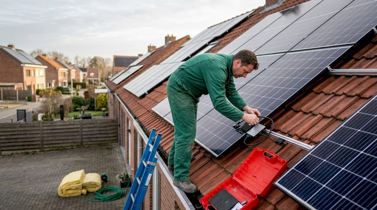 Monteur plaatst micro-omvormer bij installatie van zonnepanelen